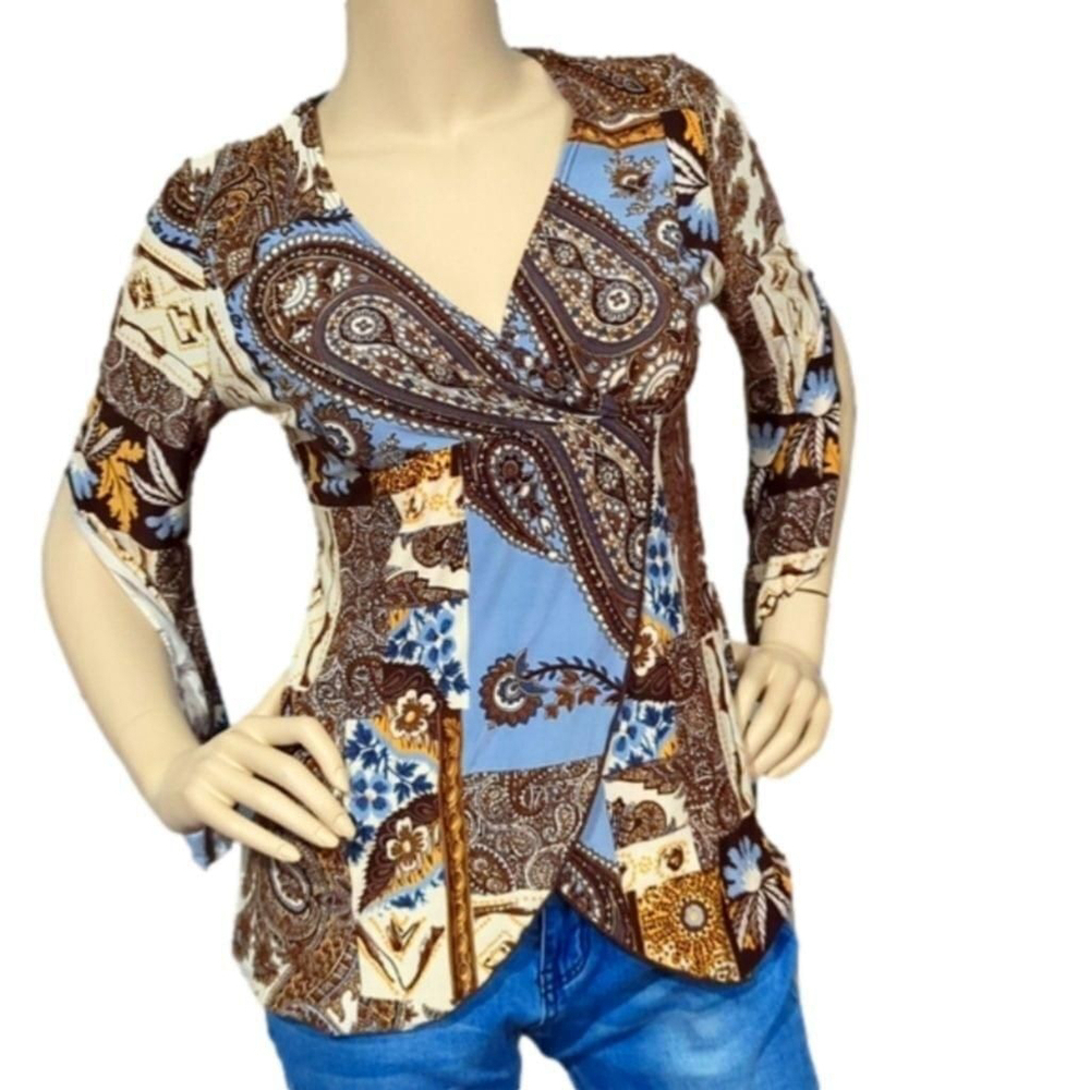 Bohemian Top Medium Split sleeve Brown Paisley Long Sleeve Blouse Baby doll top - Picture 2 of 12